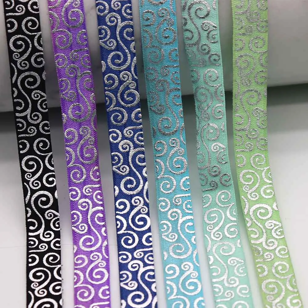 

5/8" 15MM Sliver Foil Clouds Swirl Printed Fold Over Elastic FOE Ribbon For Headwear Hair Sewing Accessory