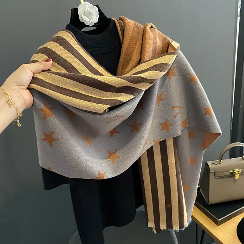 

The new double-sided star stripe cashmere women's scarf in winter2022is thickened warm and it is covered with a cold proof shawl