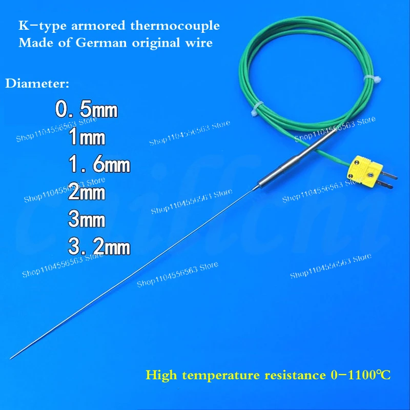 K Type Armored Thermocouple 0.5mm Probe 3mm Diameter 1000°C High Temperature for Furnace Kiln Temp Sensor