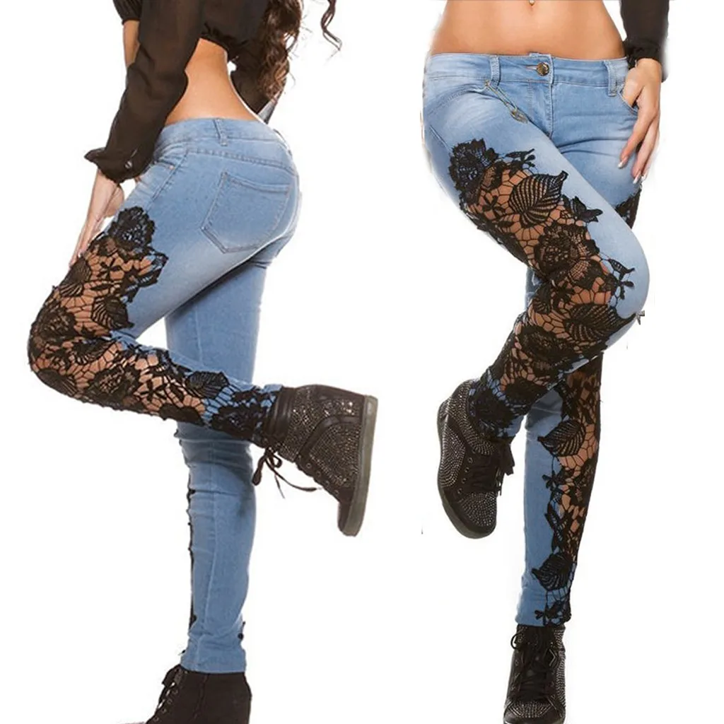 

Lace Hollow Appliques Women Pencil Floral Fashion Pants Out Jeans Denim Women's Jeans Womens Stretch Straight Leg Pants