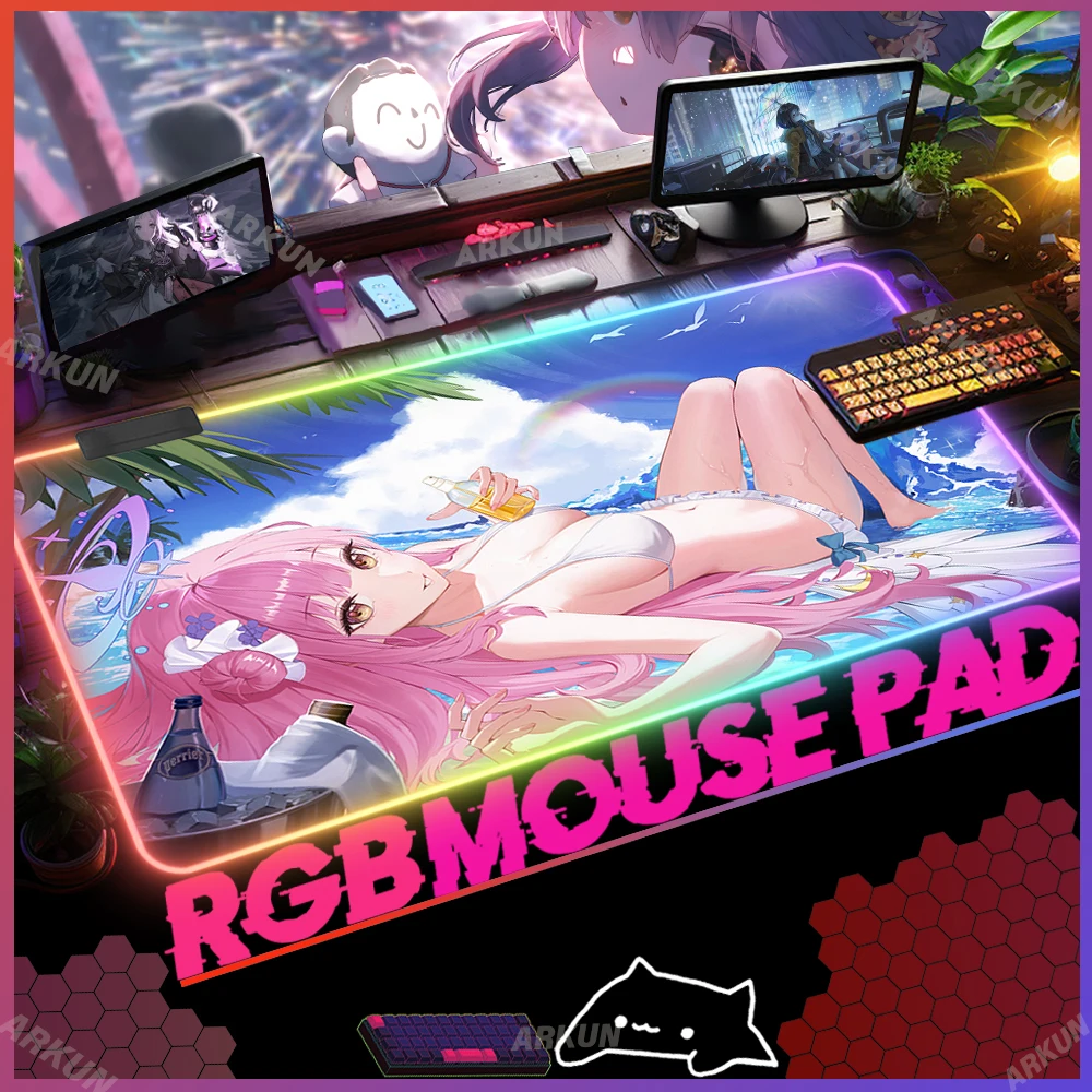 XXL RGB 900x400 Hot Kawaii Sex Girl Mika Popular Top Video Blue Archive Gaming Mouse Pad Large LED Computer Backlight Table Mat