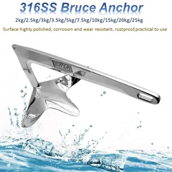 316 Stainless Steel Bruce Boat Anchor with 1m Chain Triangular Peak Marine Anchor Heavy Duty Claw for Yacht Trawler Ship 2-20kg