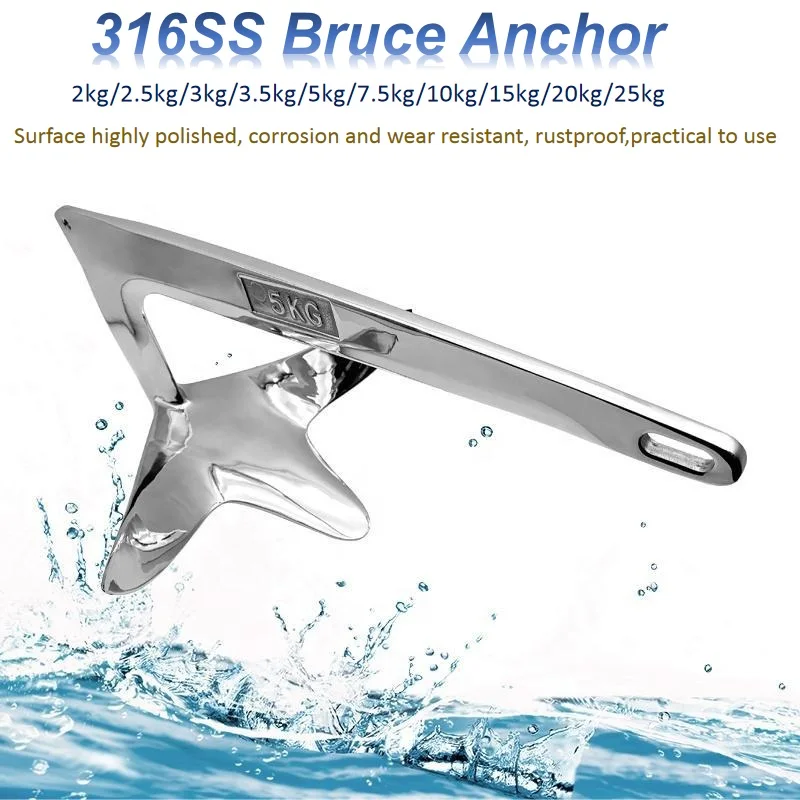 5kg 316 Stainless Steel Bruce Anchor with 1m Chain Triangular Peak Marine Anchor Heavy Duty Claw for Yacht Trawler Ship Cruise