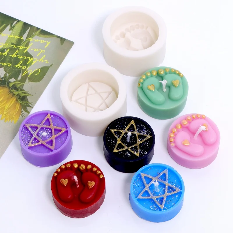 3D Relief Baby Fuß Pentagramm Silikon Kerze Formen DIY Mini Nette Harz Seife Runde Form Form Handgemachte Witchy Handwerk Wohnkultur