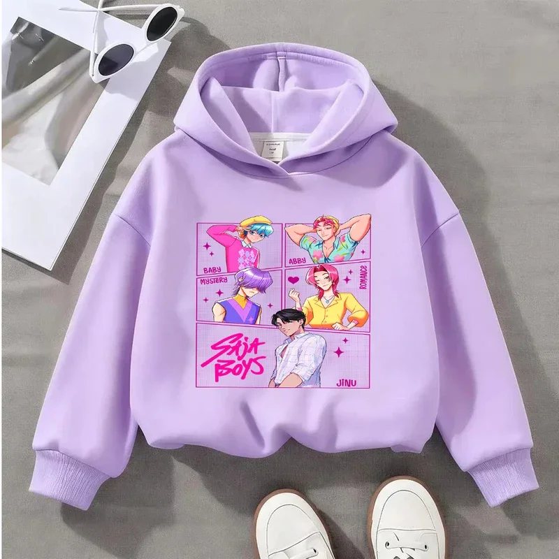 Kapuzenpullover für Mädchen, warmer Rumi KPop Demon Hunter-Mantel, modische Freizeit-T-Shirts mit Cartoon-Wellen für Kinder, lässig schwarz