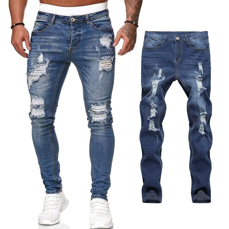 

2024 New Ripped Jeans for Men Slim Denim Regular Fit Stacked Denim Distressed Destroyed Pants Mens Washed Jeans with Hole