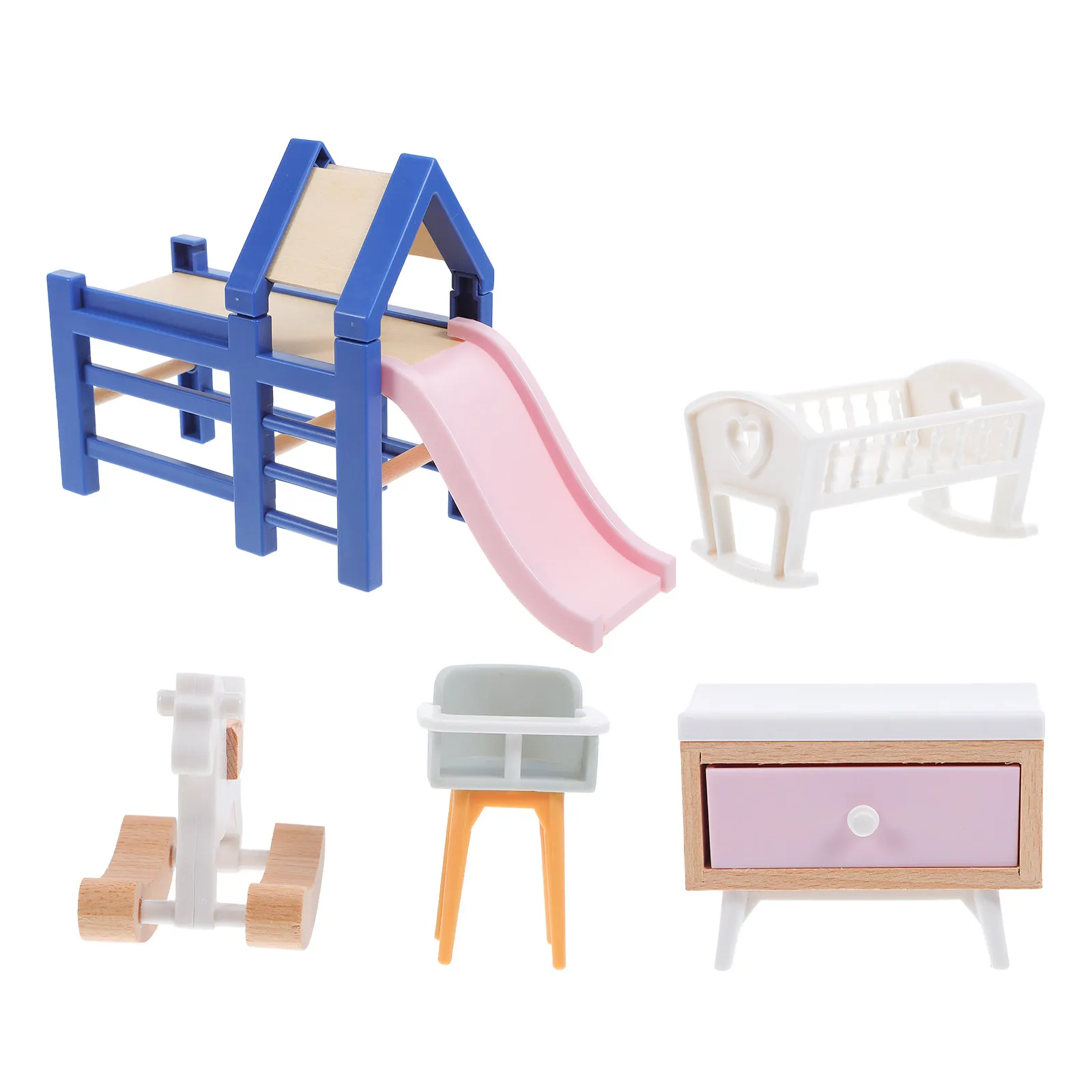 

1Set Miniature Baby Cradle Furniture Scene Slide Rocking Horse Stool Compact Pretend Playroom Accessories for Kids