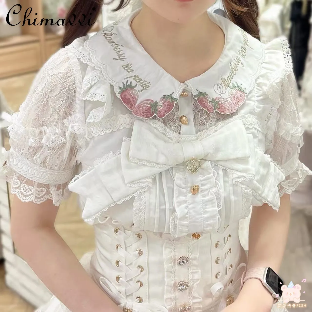 

Liz Japanese Mine Series Mass-produced Lolita Strawberry Embroidered Cute Short-sleeved Shirt Sweet Girl Loose Elegant Tops