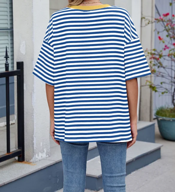 T-Shirt coupe ample pour femmes, rayé, contraste, col rond, demi-manches, haut quotidien décontracté, adapté à diverses tenues assorties
