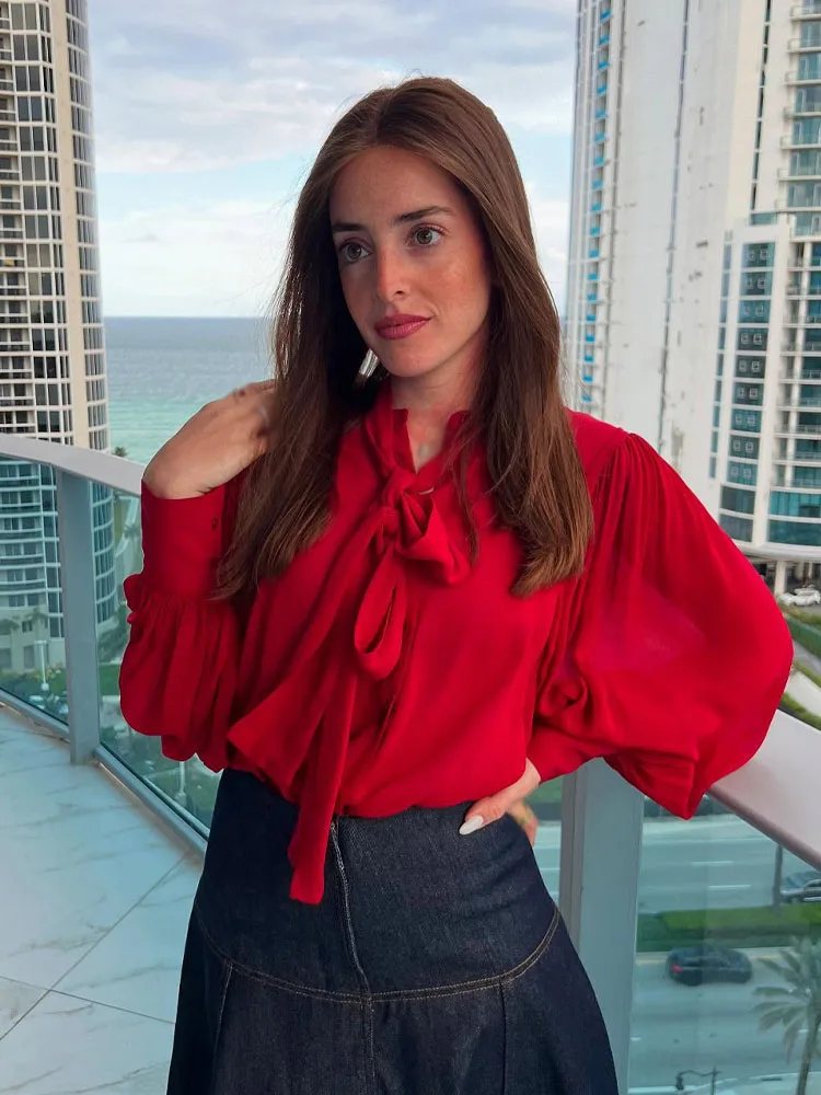 

HH женская модная классическая серия однобортная тонкая рубашка с бантом женская элегантная морщинистая повседневная рубашка с длинным рукавом