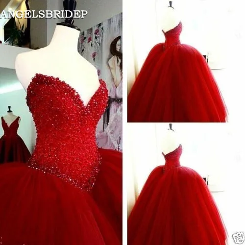 ANGELSBRIDEP-Vestidos De quinceañera rojos baratos, vestido De fiesta Formal De tul con perlas De moda para 15 años, fotos reales De princesa