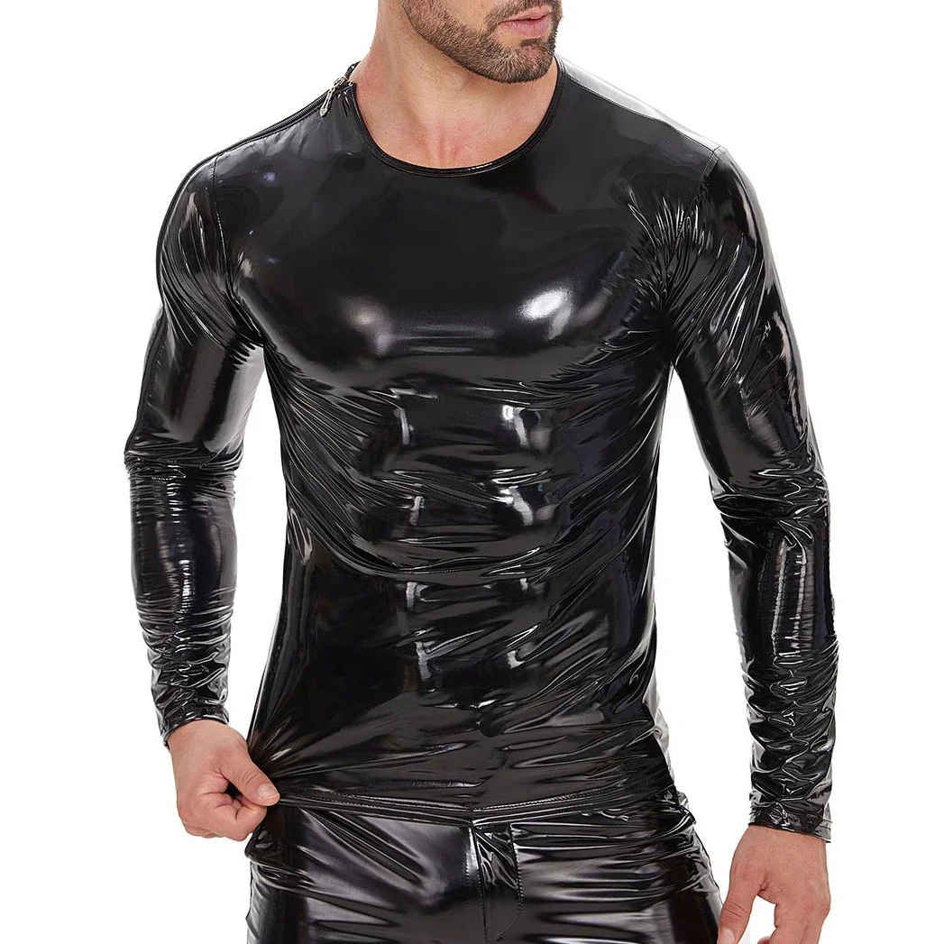 Plus Size S-7XL Mens Black/Red Glossy PVC Leather T-Shirts Zipper Shoulder Long Sleeve Latex T shirt Tops Male Party Clubwear