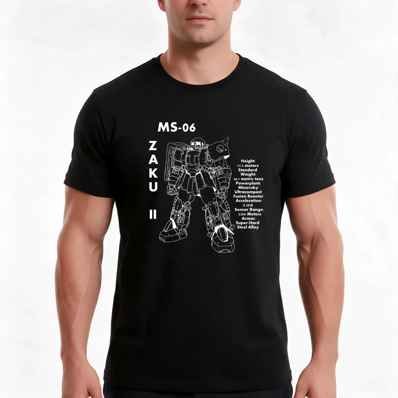Zaku II Tech Specs T-Shirt, Summer Casual Cotton Tee, Oversized Streetwear Tops, Vintage Graphic Print, Loose Fit Short Sleeve