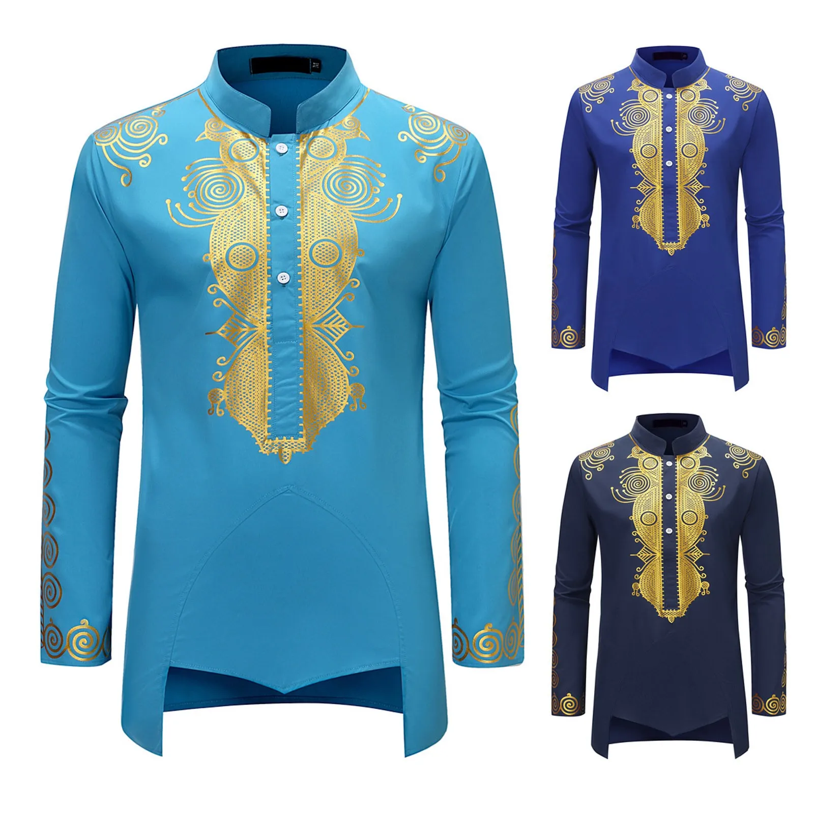 Luxe Casual Mode Gewaad Islamitische Arabische Abaya Gouden Etnische Print Kraag Jeugd Mid-Length Shirt 2024 Moslim Mannen Kleding