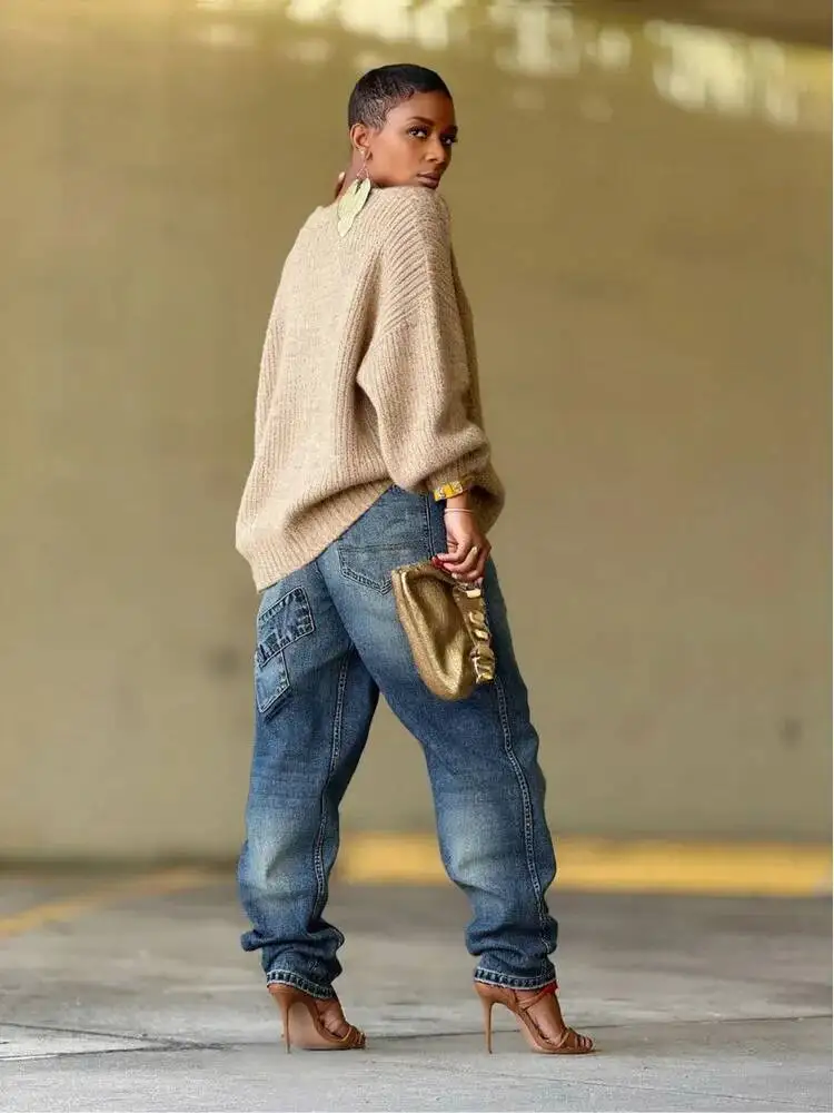 European And American Wind Piercing Patch Splicing Water Washed Jeans For Women Spring 2026I4GK