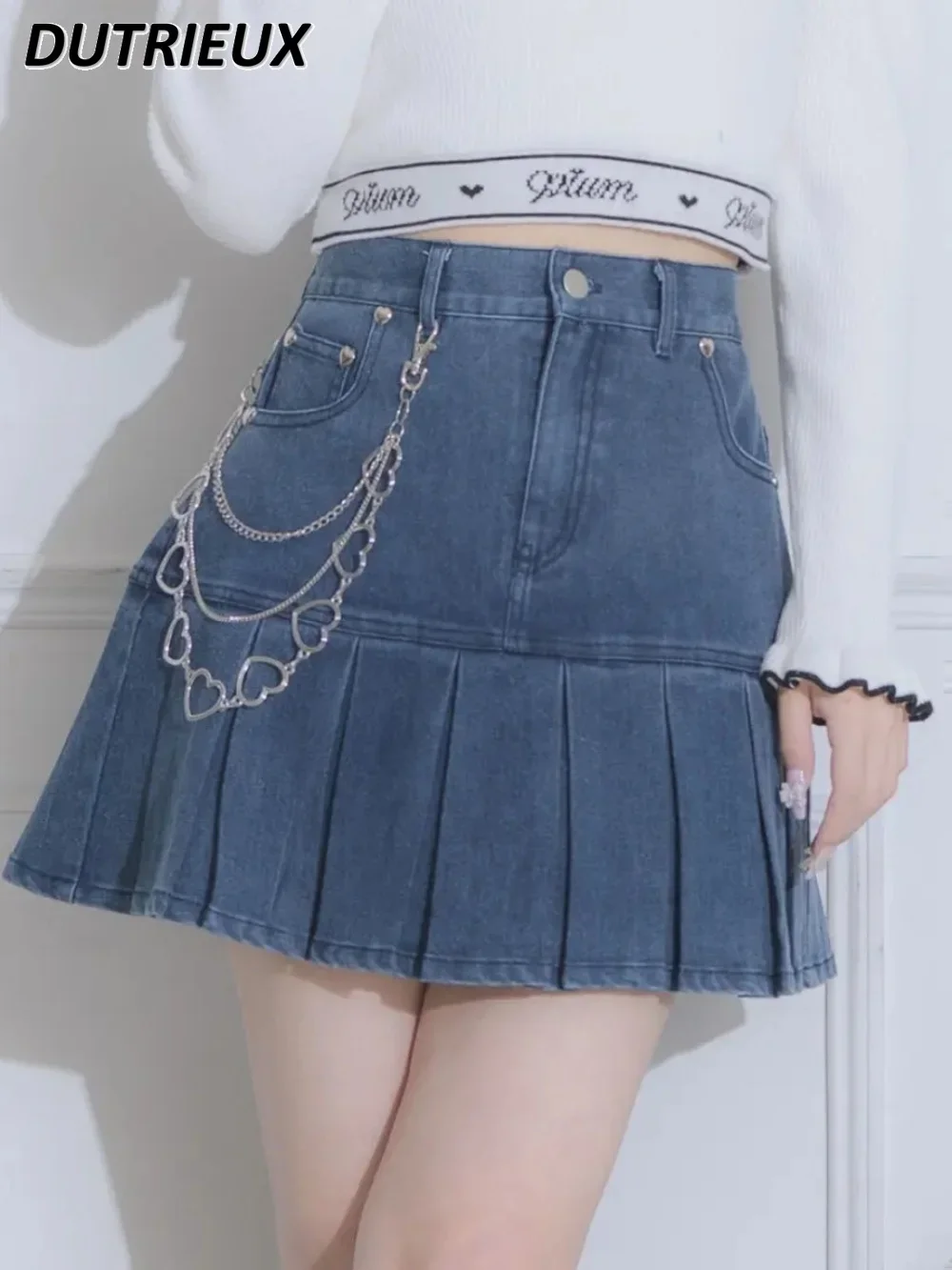 Japanese Style High Waist Pleated Denim Skirt Women's Summer Autumn New Stylish Simple Versatile Short Skirts (without Chain)