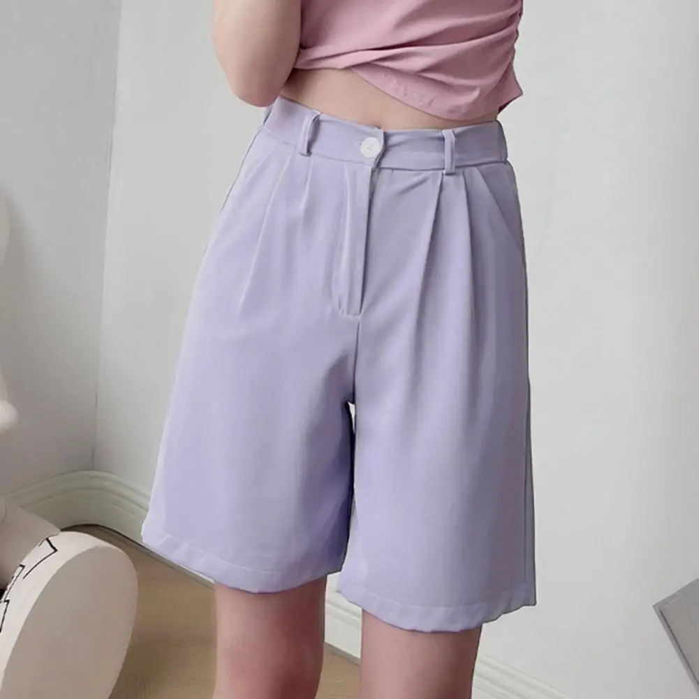 Women\'s Summer Shorts Loose Casual Suit Short Pants Girl Solid Color Pink Sky Blue Knee Length Button High Waisted Shorts 반바지