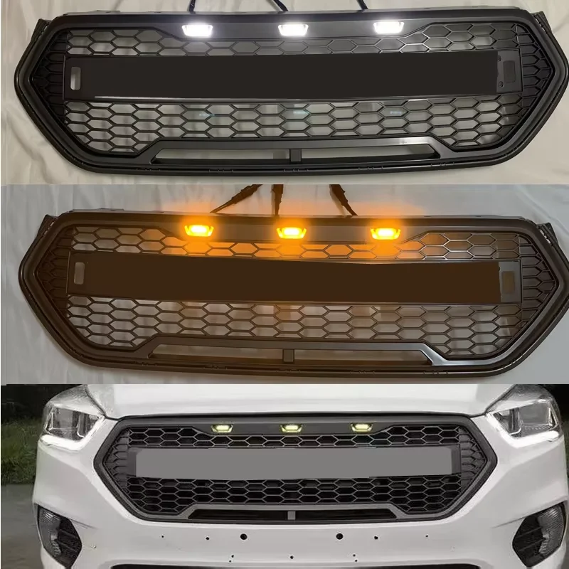 Glossy Black Honeycomb Grille Front Bumper Mask Mesh  Amber Led Racing Grills Upper Grid For Ford Escape Kuga 2017 2018 2019