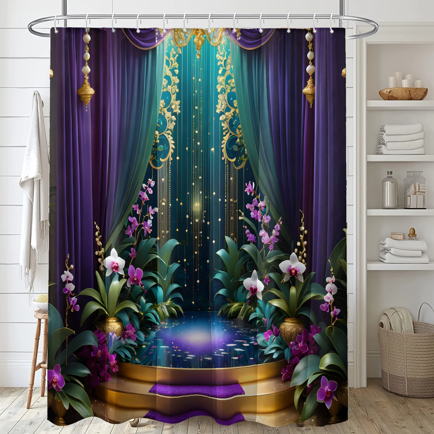 Enchanted Garden Waterproof Shower Curtain - Luxurious Orchids and Gold Accents, High-Quality Fabric, Durable and Stylish