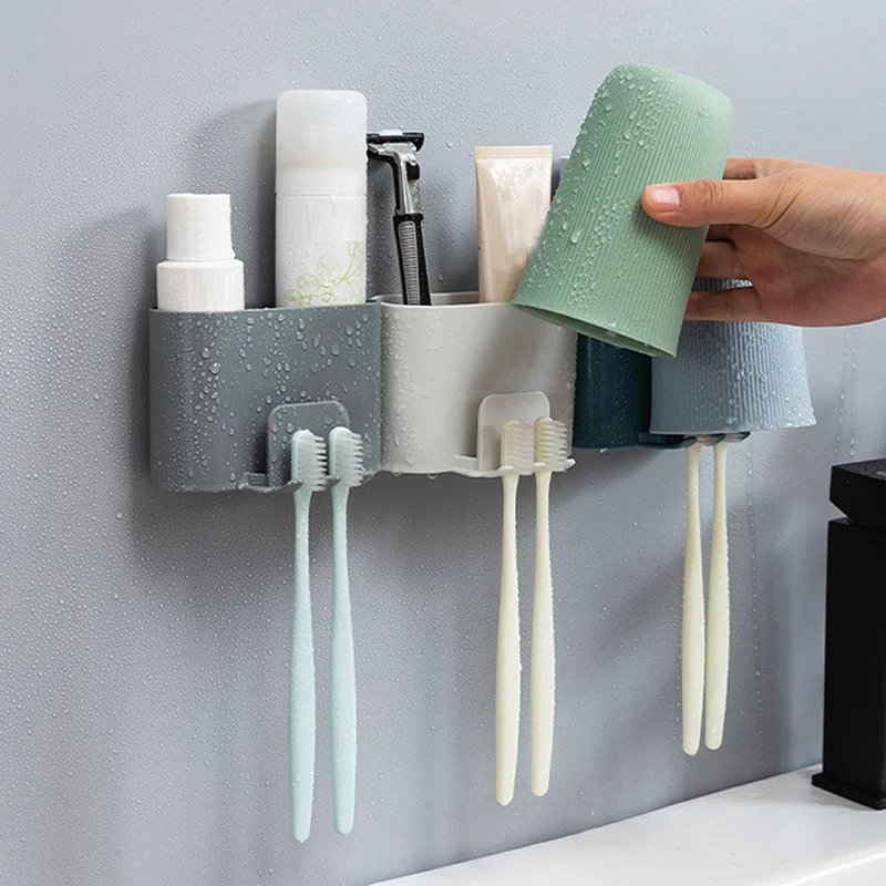 Toothbrush Holder Punch-free Wall-mounted Toothbrush Holder Shaver Toothpaste Mouthwash Cup Storage Rack Bathroom Accessories