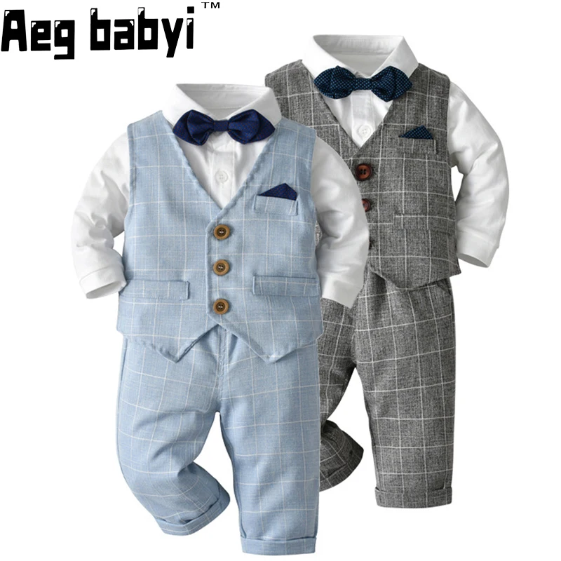 Baby Boys Clothes Sets Kids Toddler Boys Long Sleeve Bow Tie Gentleman Suit Wedding Birthday Party Dress Baby Formal Clothing