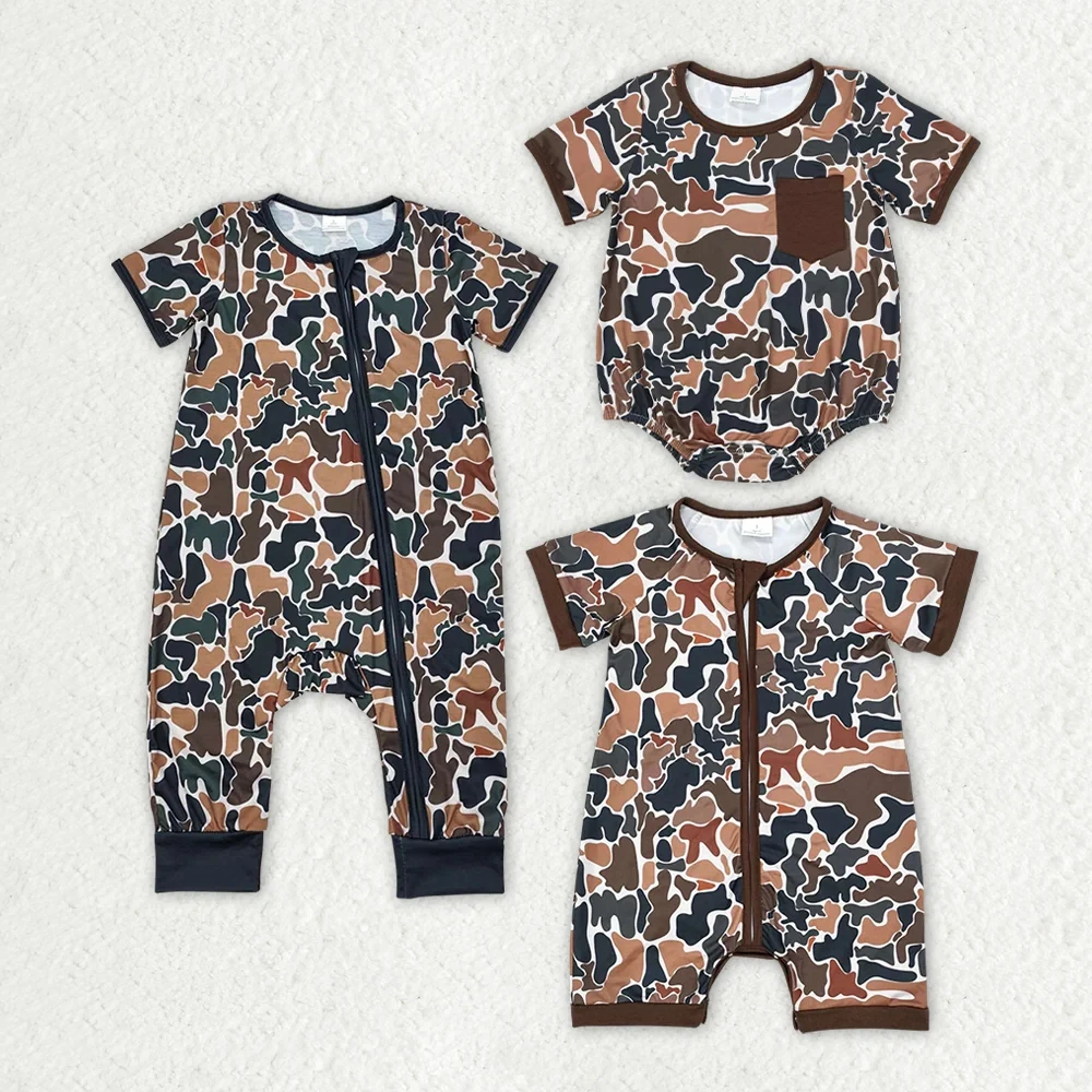 Wholesale onesies hot sale western boutique newborn toddler Baby Infant Green camouflage beige zip-up short-sleeved jumpsuits