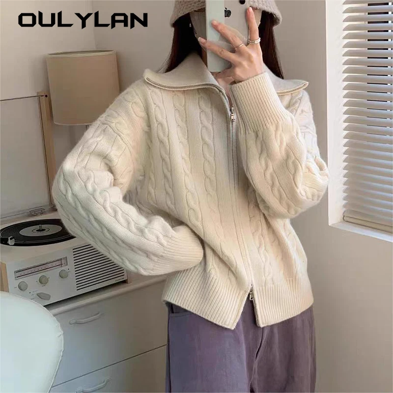 2024 Autumn/Winter New High Collar Cashmere Knitted Cardigan Women\'s Wool Sweater Cardigan Loose Korean Fashion Jacket