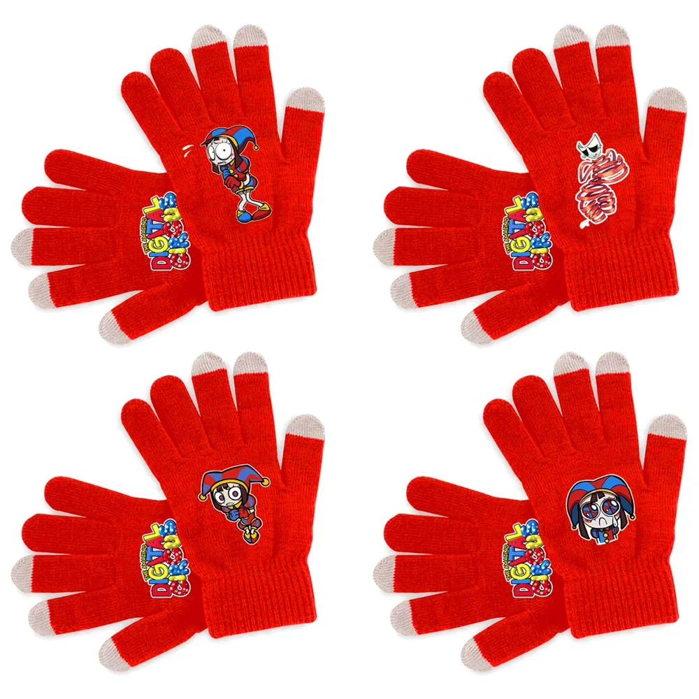 The Amazing Digital Circus Pomni Gloves Anime Cartoon Full Finger Printed Gloves Red Knitted Touch Screen Mitten Christma Gift