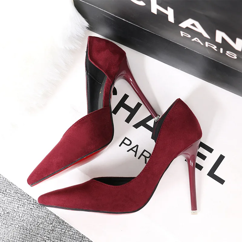 

Summer Female Causal Suede Sandals Simple Sexy Slimming Stiletto High Heel Shallow Mouth Pointed Toe Side Cutout Women's Shoes