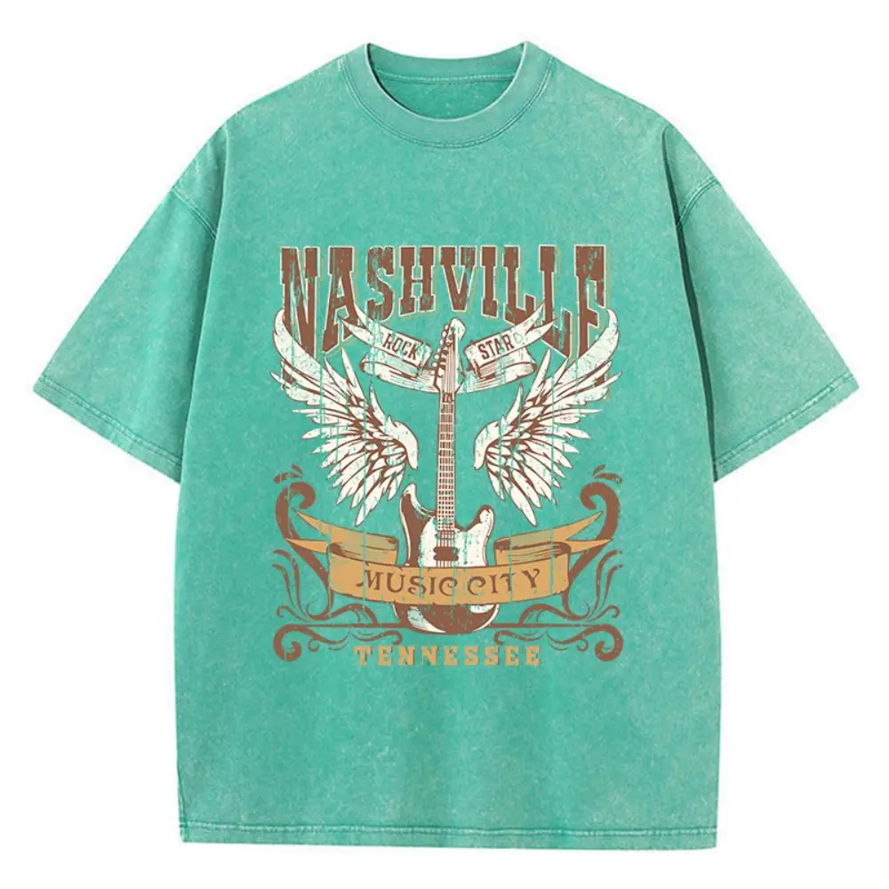 Summer Women Cotton Washed T-Shirts Nashville Music City Tennessee Print Tee Shirts Distressed O-Neck Loose Tops Female Clothes