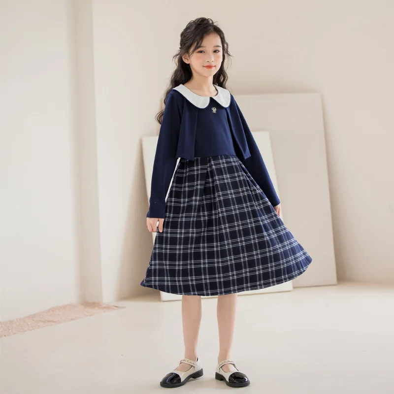 

Korean Spring Autumn Junior Girl One-piece Dress School Girl Doll Collar Checkered Long Sleeve Dress Teenager Girl Fluffy Dress