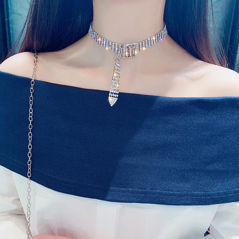 Fashion Full Rhinestone Choker Necklaces for Women Bijoux Shiny Silver Color Button Necklaces Statement Jewelry Party Gift