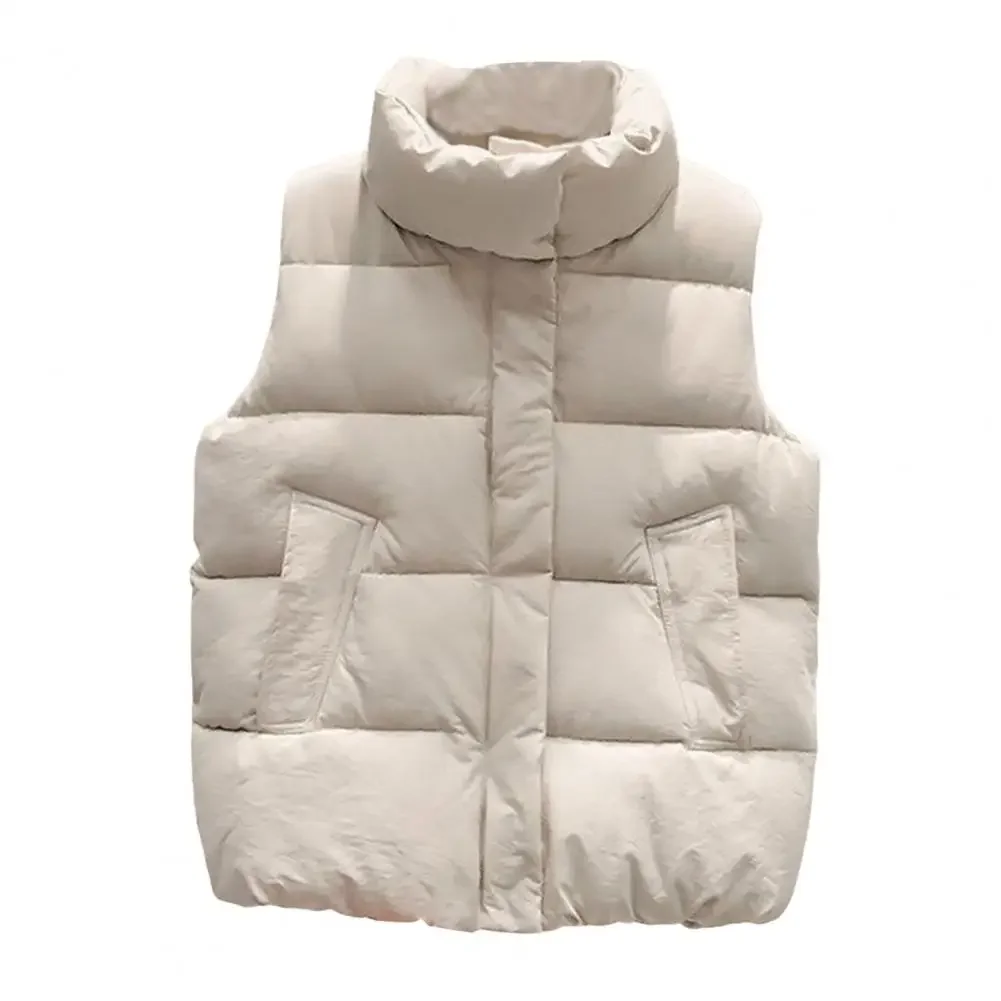 Gilet imbottito corto da donna con cerniera e colletto alla coreana, caldo cappotto imbottito senza maniche per l'autunno inverno