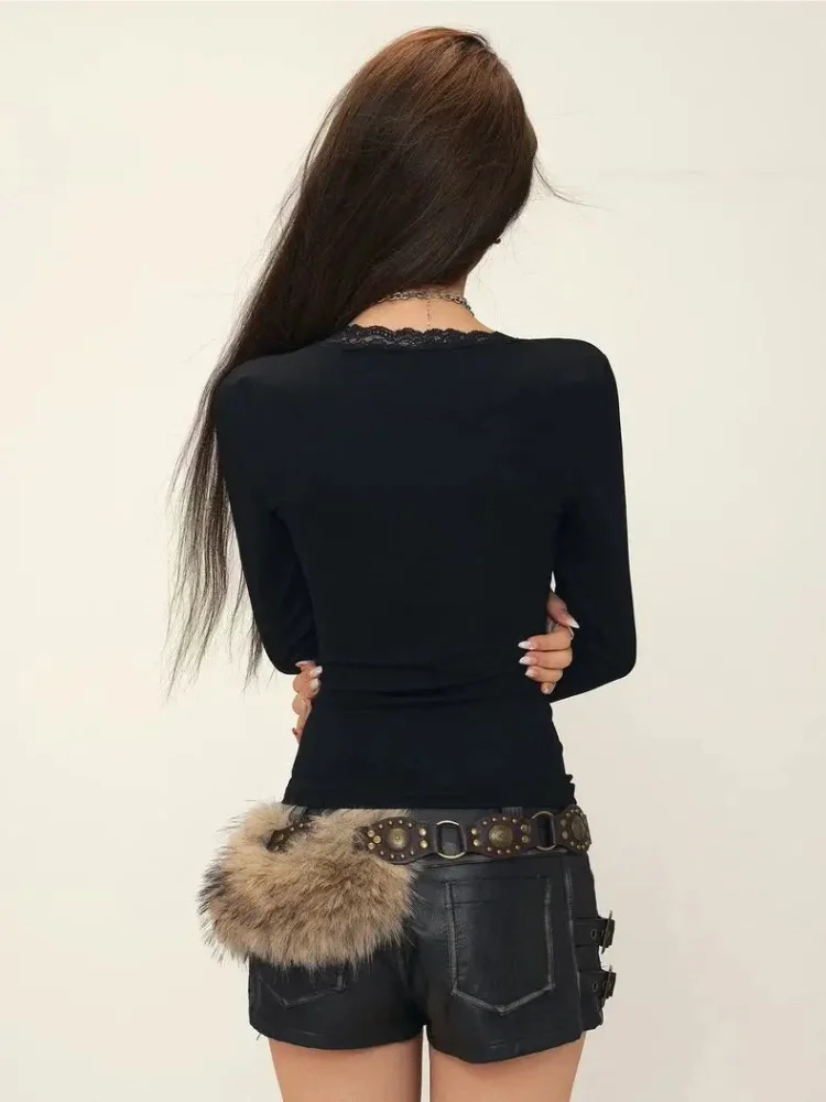Sexy Lace Bandage V Neck Long Sleeve T-shirts Women Temperament Slim Fit Crop Top Korean Chic Simple Y2k Aesthetic Tees