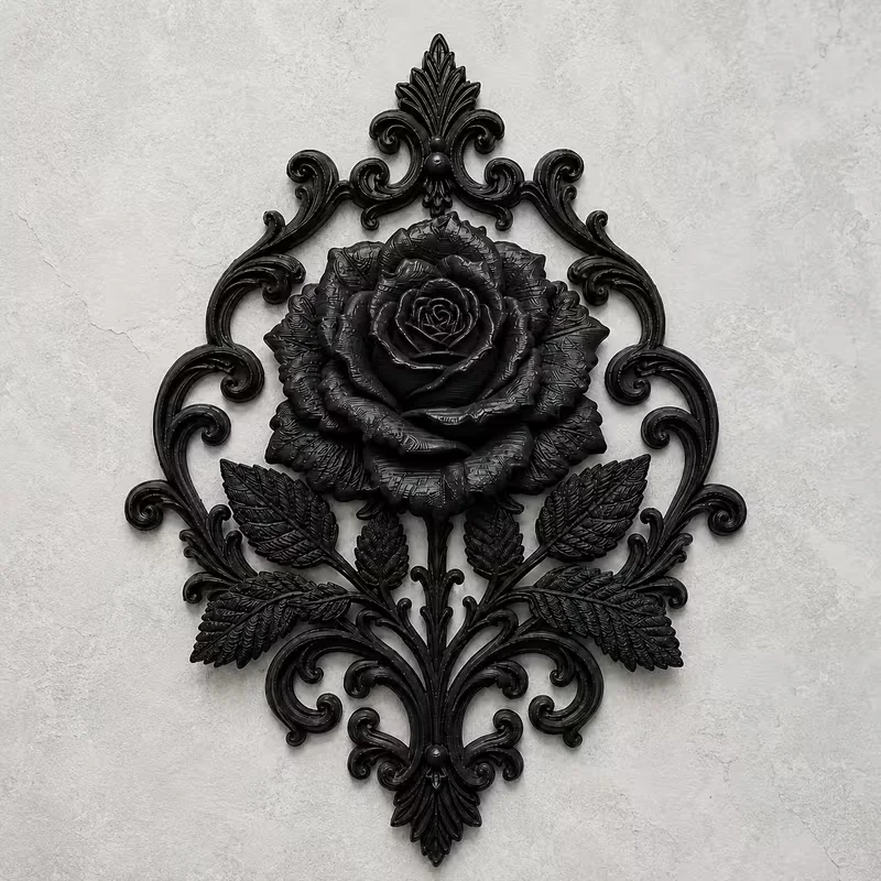 3D Printed Black Rose Wall Hanging Vintage Baroque Floral Wall Sculpture Gothic Rose Relief Plaque Dark Style Wall Decor