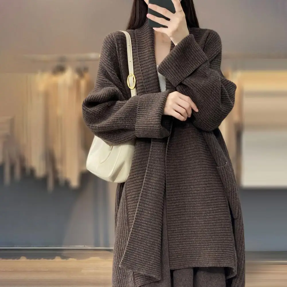 Women Long Sleeve Cardigan Mid-length Outwear Elegant Lapel Sweater Coat with Pockets for Women Long Sleeve Knitting Cardigan