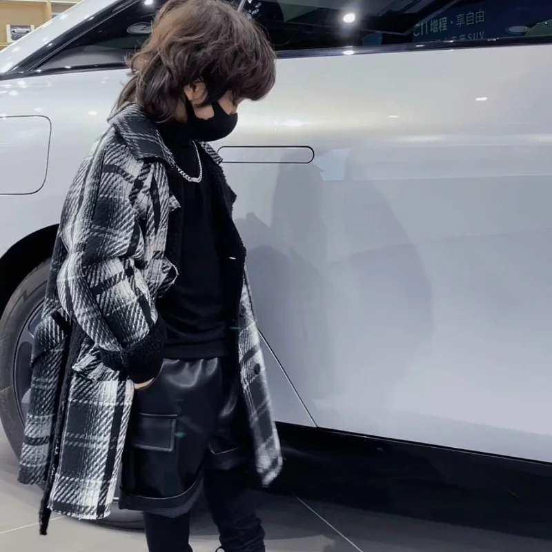 Kids Plaid Fleece Lined Coat Autumn Winter Loose Mid Length Trench Coat for Boys Girls Fashionable Outerwear Jacket