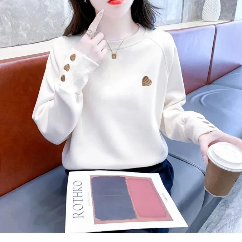 Simplicity Casual Autumn Winter New Women O-Neck Love Embroid Korean Fashion Trend Versatile Loose Long Sleeve Sweatshirts Tops