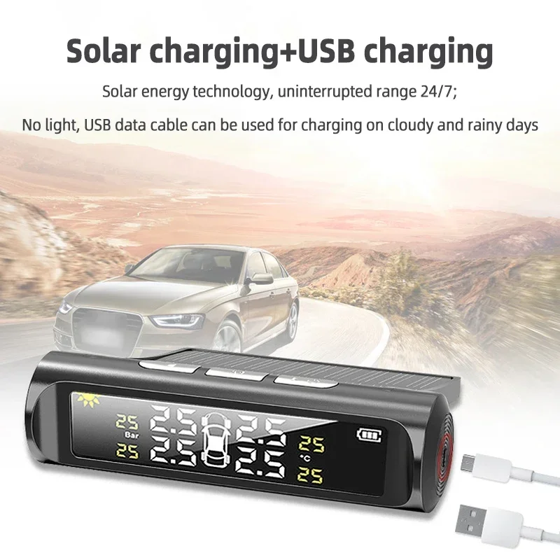 Intelligent Car Tire Pressure Monitor System Real-Time Monitoring Yellow Screen Wireless Solar Powered External Sensor TPMS AN01