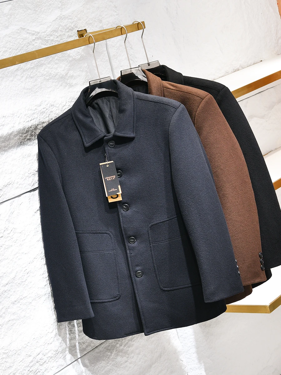 Ultrafine Cashmere Men's Coat Stand Collar Medium Length Woolen Coat Business Casual Autumn Winter Fashion Urban Style