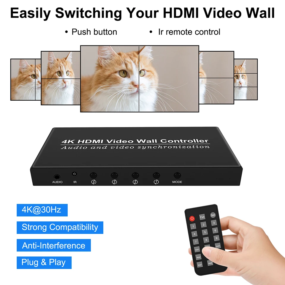 Контроллер видеостены HDMI вверх 4K30 Гц, 8 вариантов дисплея 1X2 1X4 1X3 3X3 3x1 4X1, мульти-видеоэкранный процессор, HD-сварщик 180 °   Флип