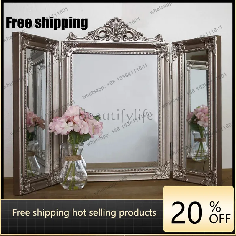 LJY retro vanity mirror tri-fold mirror European bedroom desktop folding vanity mirror desktop