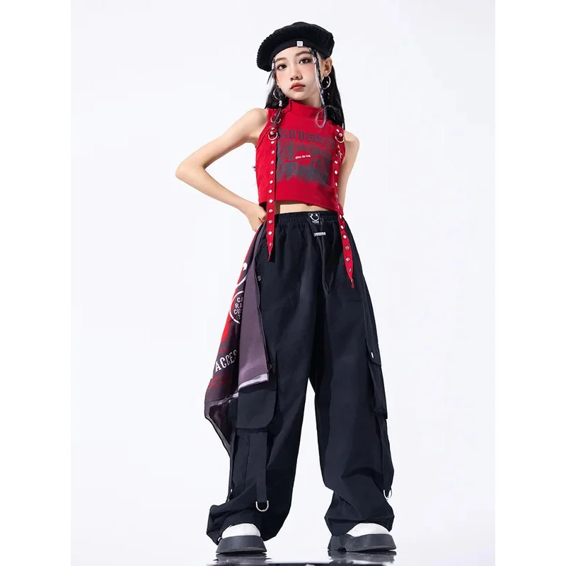 

COSda@Jazz Dance Girls Costume Sets Children Chain Short Top Black Joggers Cargo Pants Kids Hip Hop Street Performance ClothesCO