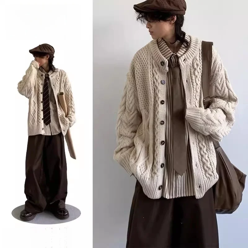 

Осень-зима, повседневный вязаный свитер для мужчин и женщин, свободный открытый кардиган для колледжа, ленивый топ, круглый Ne Long Sve Polyes...