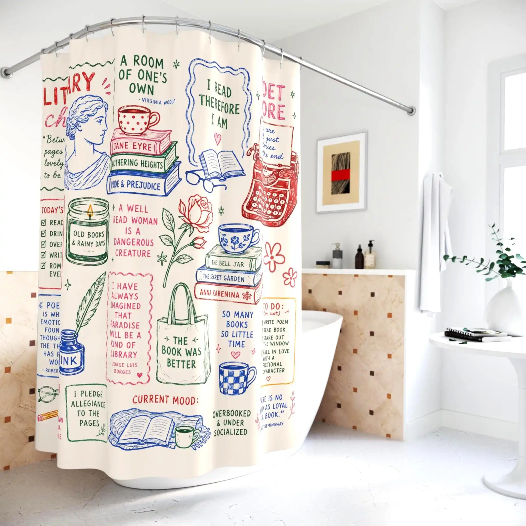 Literary Chic Book Lover Shower Curtain Aesthetic Reading Nook Quotes for Bathroom Decor Gift
