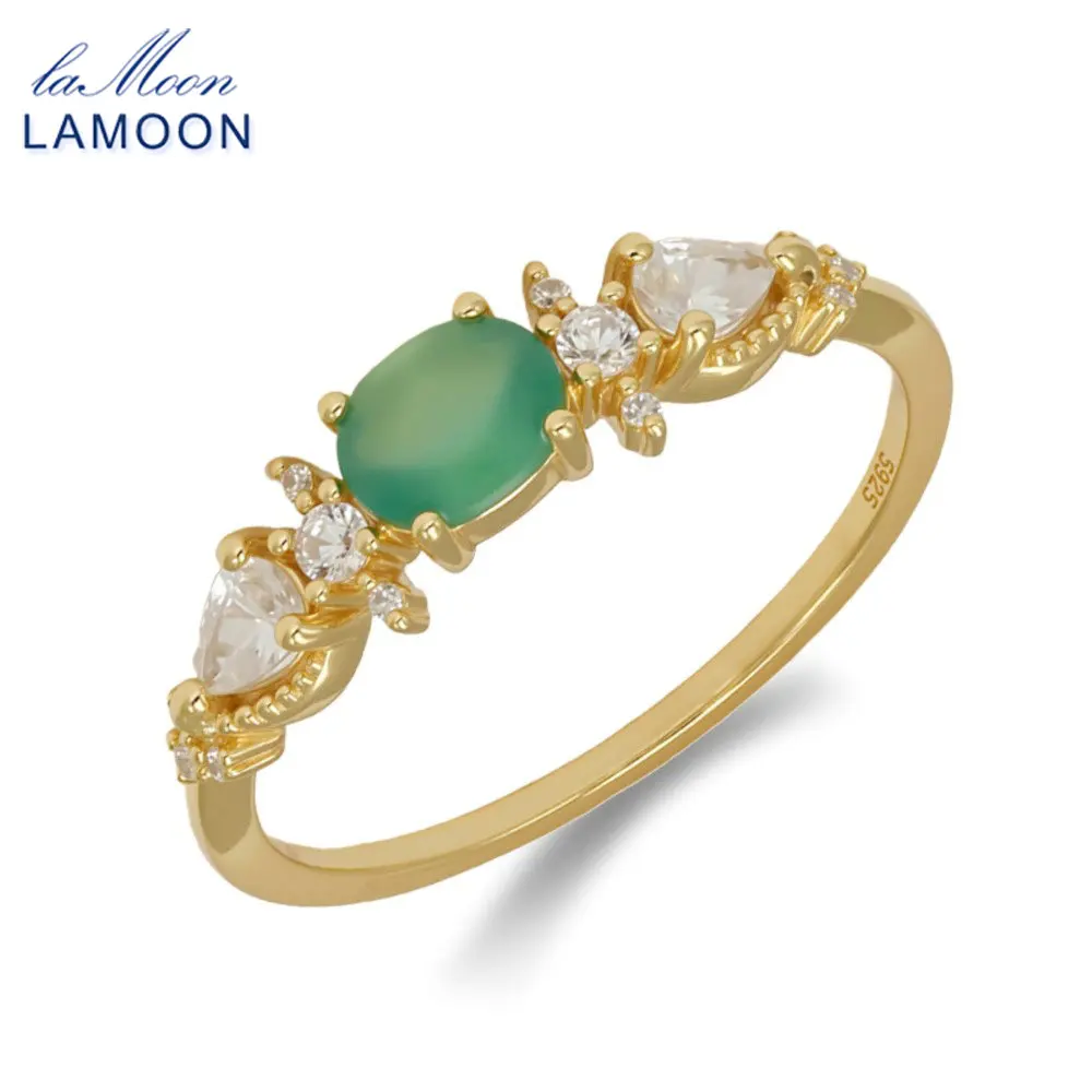 

LAMOON Natural Green Chalcedony Ring For Women Exquisite Elegant 925 Sterling Silver 14k Gold Plated Fine Jewelry Gift