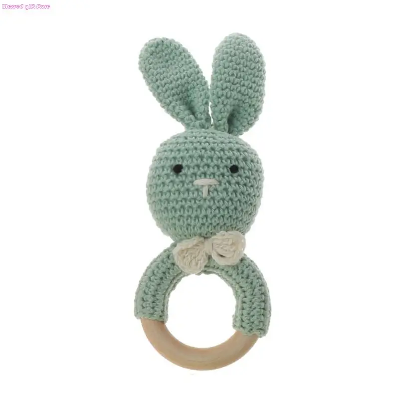 D0JC Knitted Bunny Teething Pain Relief Toy for Newborn Baby Wooden Teether Gift