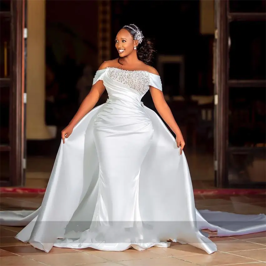 Customized  Shinny Pearls Wedding Dress with Detachable Train Off the Shoulder Satin Pleated African Corset Back Bridal Gowns