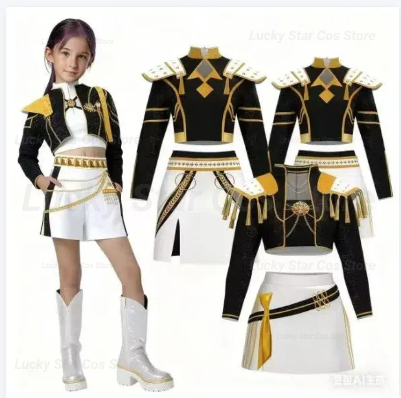 

Girls Rumi Zoey Mira Cosplay Demon Hunters Cosplay Costume Children Black Golden Suit Halloween Huntrix Role Playing Outfit