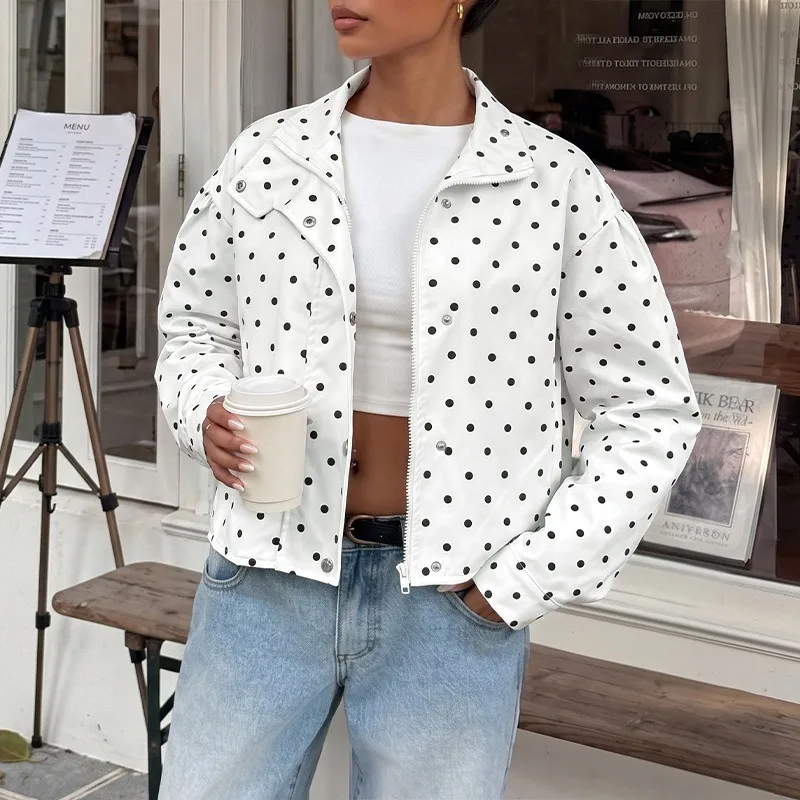 New Autumn Winter Women Polka Dot Short Jacket Stand Collar Zip Snap Buttons Loose Long Sleeve Casual Streetwear Outerwear
